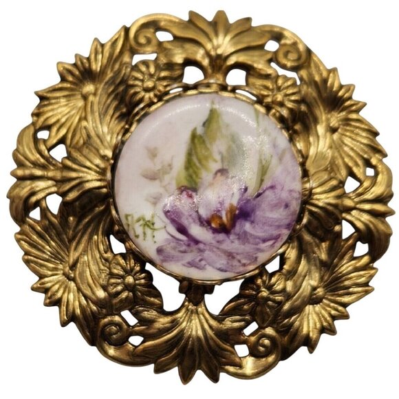 Vintage Hand Painted Porcelain Floral Brooch Gold Tone Filigree Setting 1.9" D - Picture 1 of 6